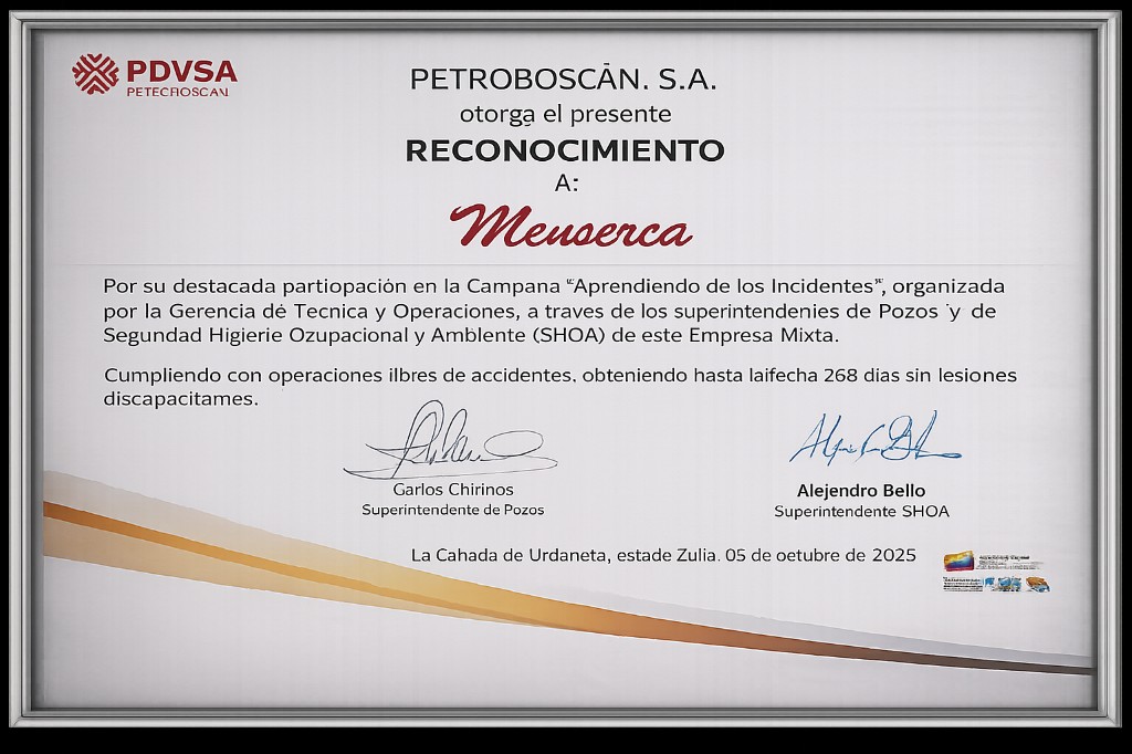 Petroboscán recognition for participation in the Learning from Incidents campaign; 268 days without disabling injuries, October 2025.